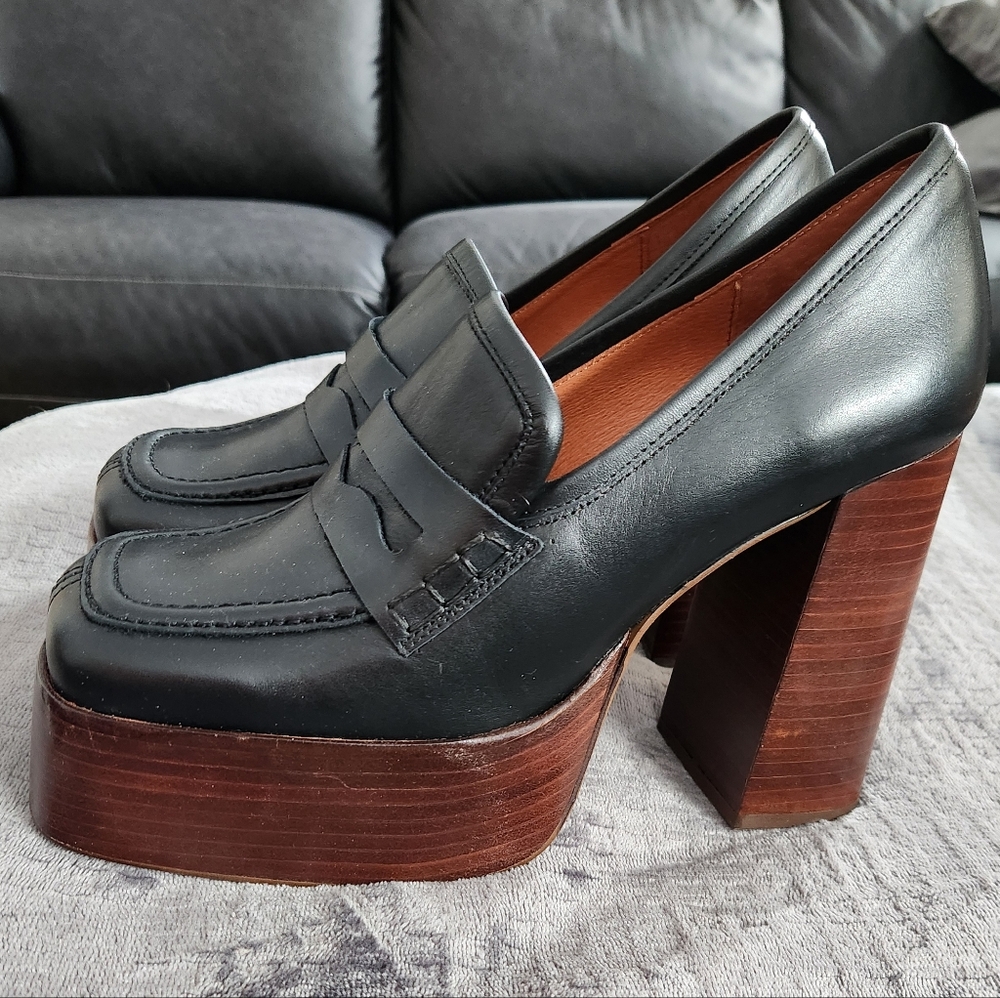 L’INTERVALLE Black Leather Platform Loafers Size EUR 41